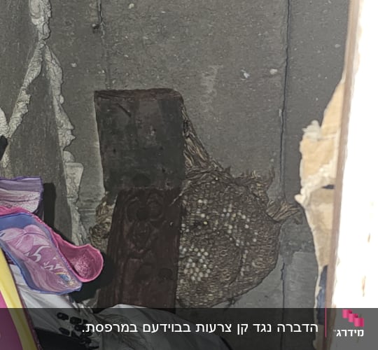 קיר בטון עם חפצים שונים, כולל חוטים וקרטון